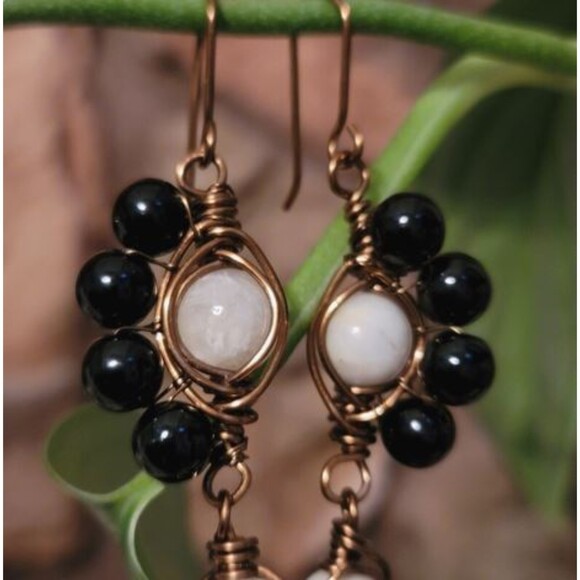 Handmade Wire Wrapped Dangle Earrings – Black & White Beaded Boho Jewelry - Picture 7 of 9